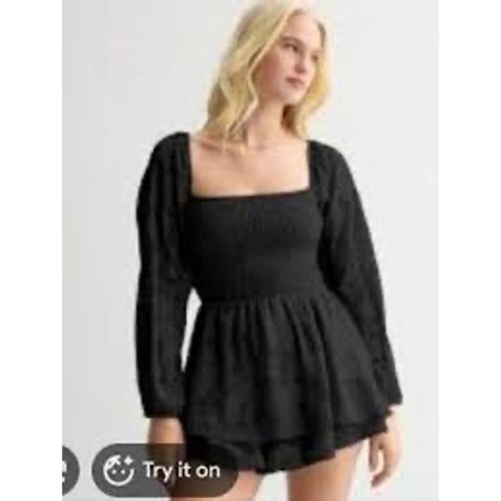 Harper & Ivy black smocked textured floral romper long sleeve feminine whimsical